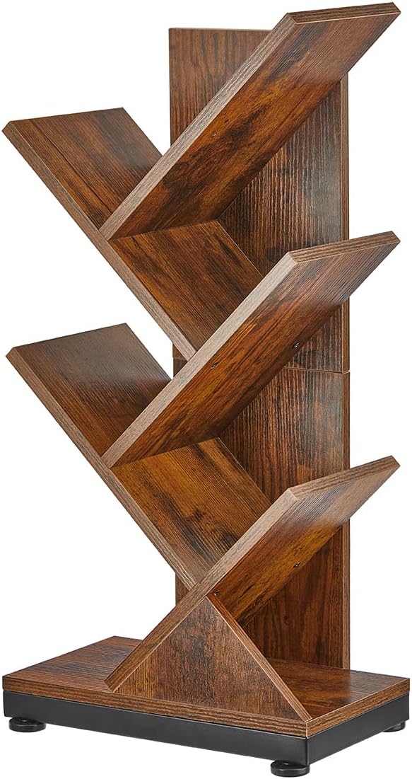 ruboka Tree Bookshelf,Retro Floor Standing Bookcase Display for CDs/Magazine/Books,Small Bookshelf for Bedroom,Living Room,Office,Balcony,Brown Storage Shelves (Brown, 5 Tier)