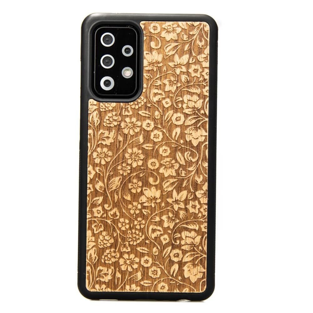 Custodia in legno con motivo floreale incisione, legno, policarbonato e silicone TPU, compatibile con Samsung Galaxy Smartphone, nero