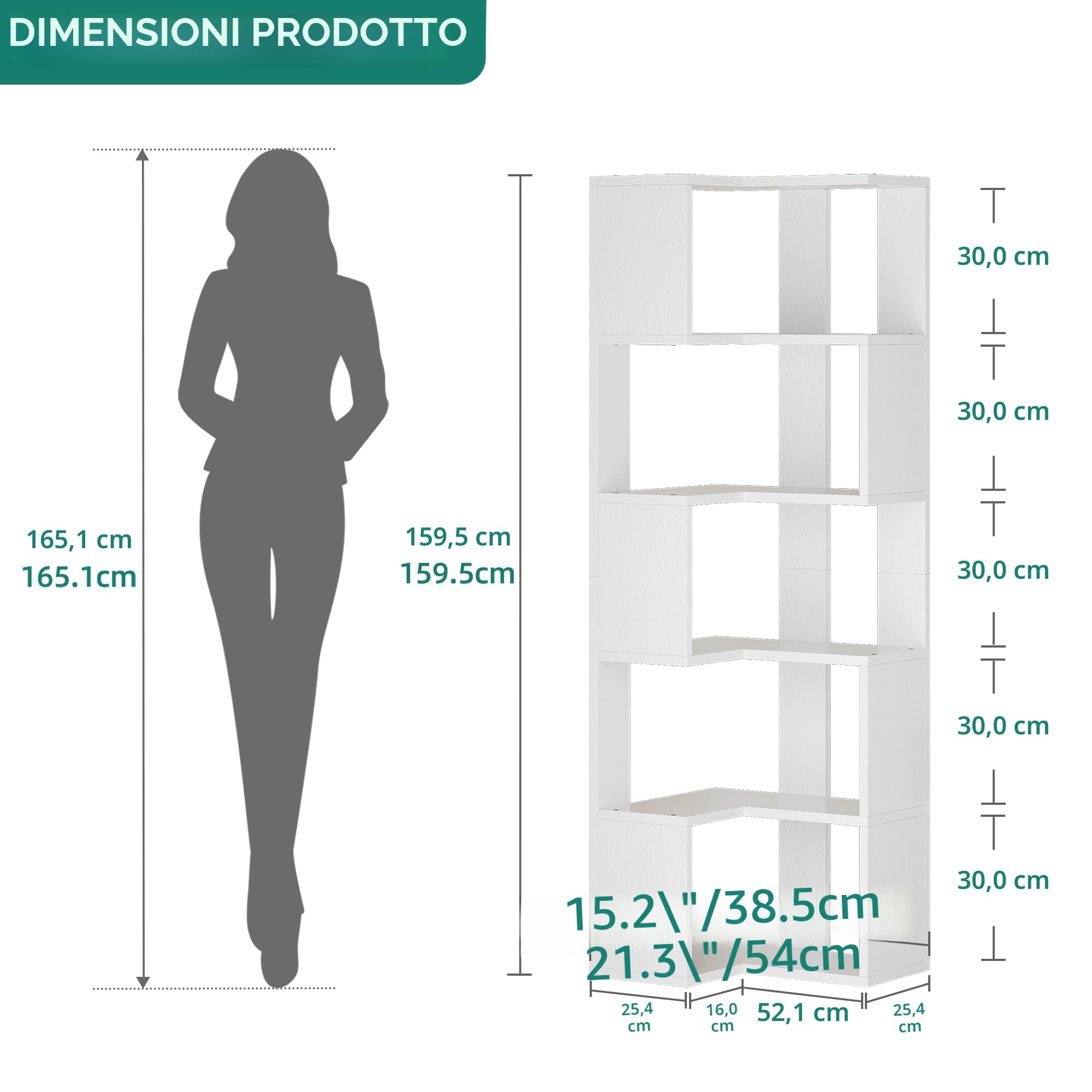 YITAHOME Libreria, scaffale angolare a 6 ripiani, scaffale a forma di L, libreria da pavimento, scaffale da esposizione per soggiorno, camera da letto, casa, ufficio, studio, 50 x 39 x 150 cm, bianco