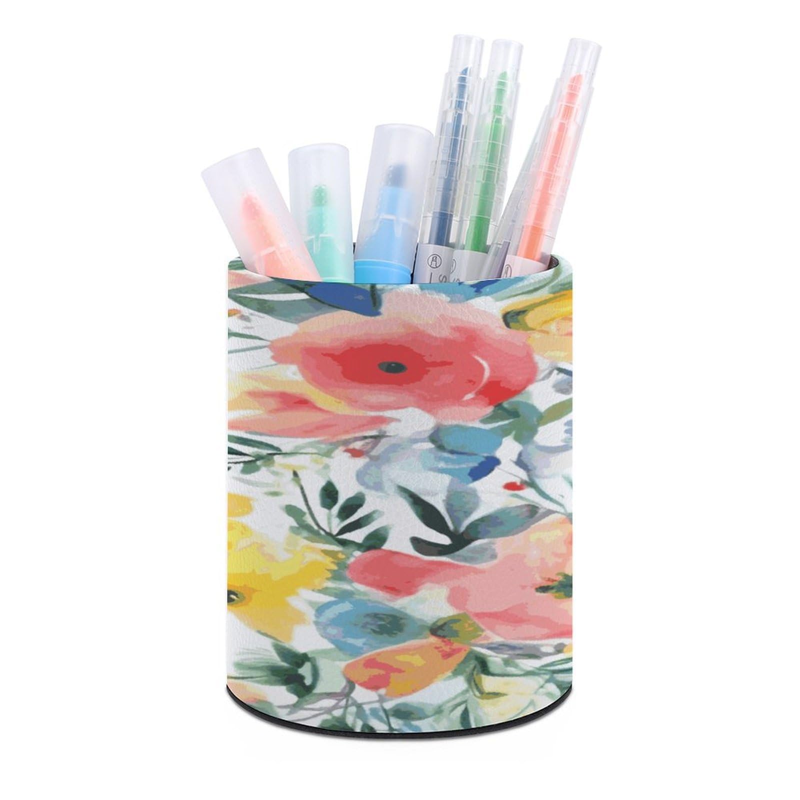 JTREHY Bright Floral Watercolor Pen Holder Round Pen Pencil Holder Makeup Brush Holders Cup PU Leather Pencil Cups Desktop Caddy Stationery Organizer Case Office Accessories Container Box