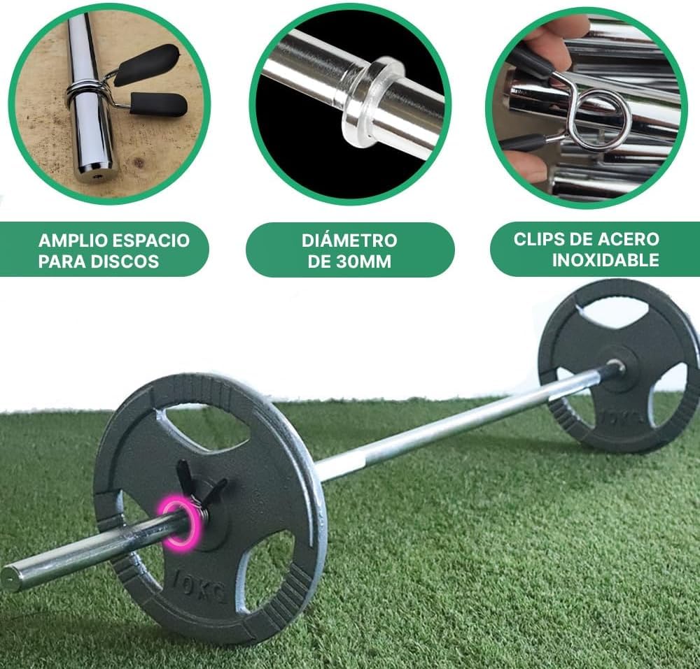 ManiBoom Barra Pesas Compatibles con Discos de Ø30/31mm - Barra de Musculacion, Halterofilia para Gimnasio con Cierres de Resorte