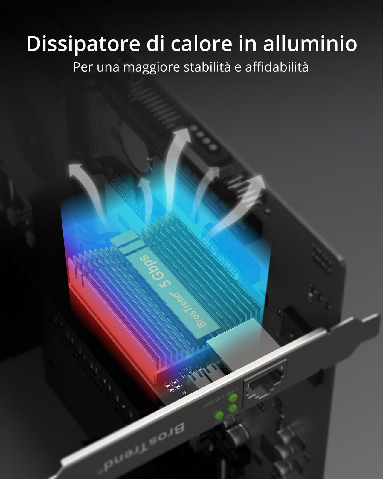 BrosTrend PCIe Scheda di Rete 5 Gigabit, PCI Express Adattatore di Rete Ethernet RJ45 LAN Controller, 5/2,5/1Gbps/100Mbps, PCIe Scheda Ethernet per Windows 11/10, Server 2022, NAS, Protezione a vita