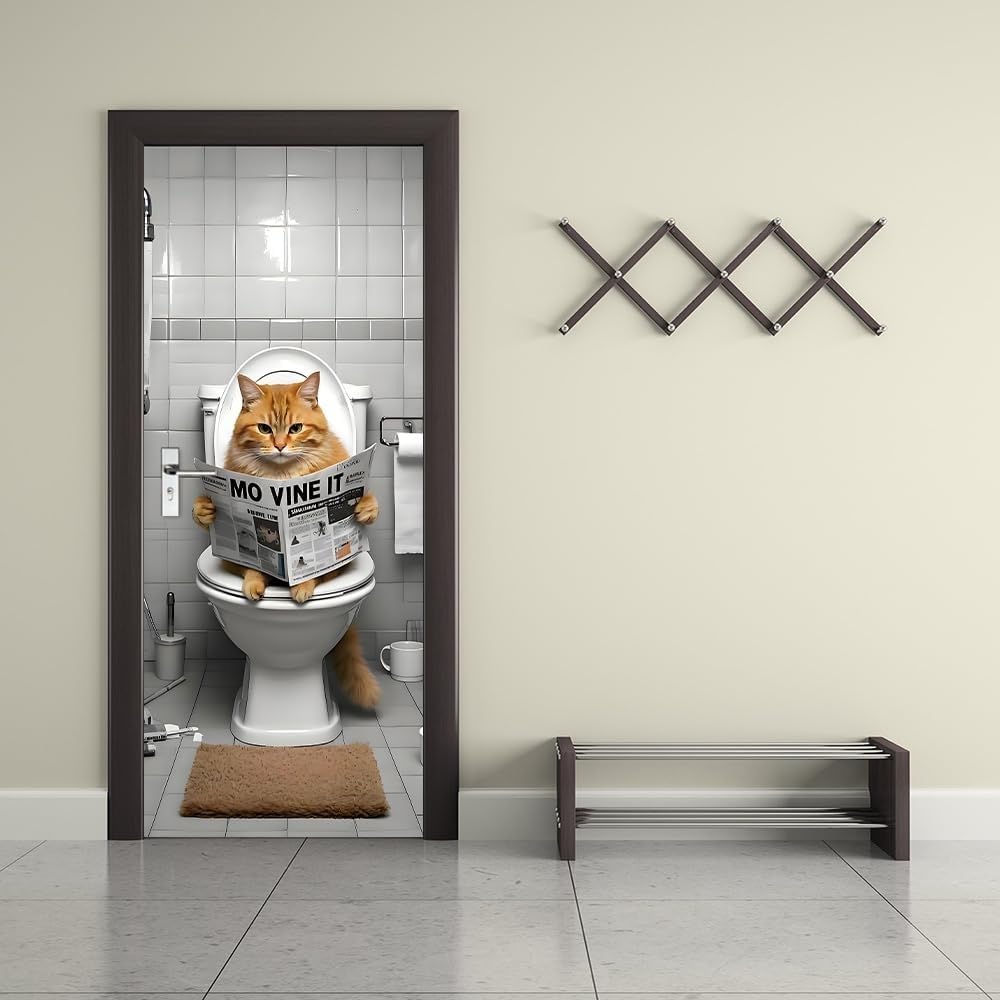 Türtapete Selbstklebend 77x200 Fenster Türfolie Türposter Schelmisch Katze Türklebefolie Wandbild Türaufkleber Wandtapete 3D Effekt für Wohnzimmer Schlafzimmer Küche