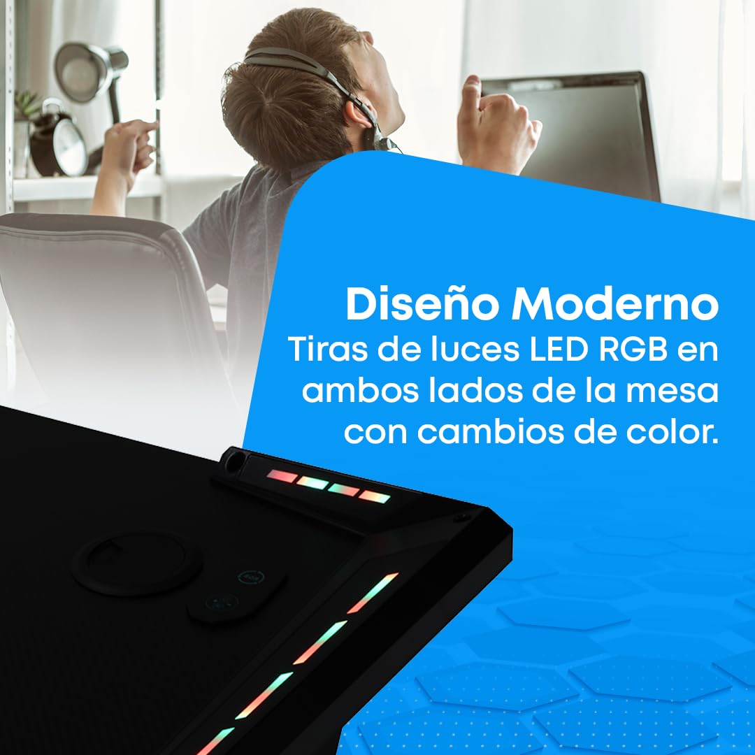 NK Mesa Escritorio Gaming con LED (120x60cm) - Portavasos y Botellas, Soporte Auriculares/Cascos, Gestión de Cables, Gaming Desk, Tabla 1.5cm (Resistencia) Peso Máximo 100kg (Blanco)