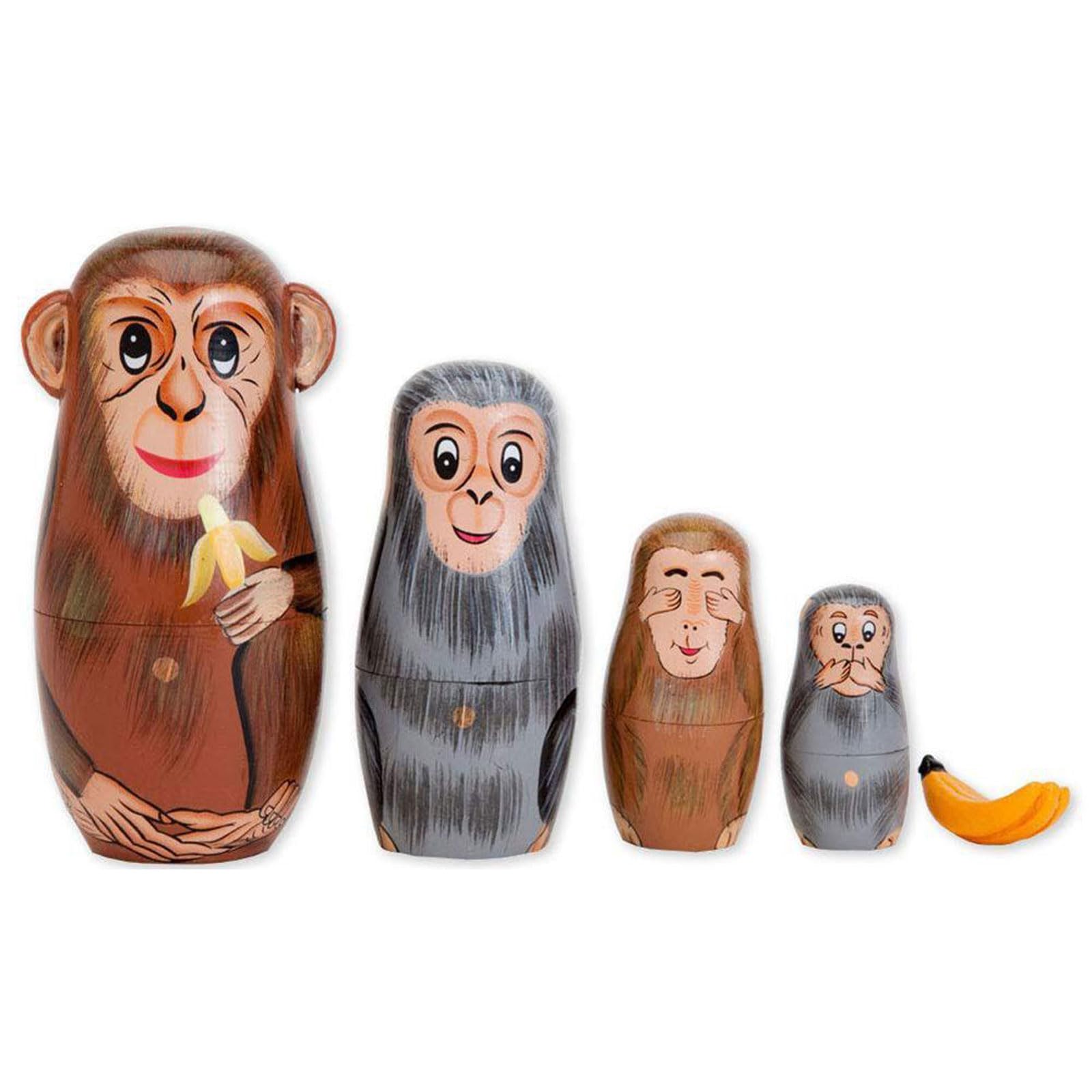 VELUNE 5Pcs/Set Hand Painted Wooden Monkey Nesting Dolls Matryoshka Craft Gift Home Decoration Tabletop Ornaments