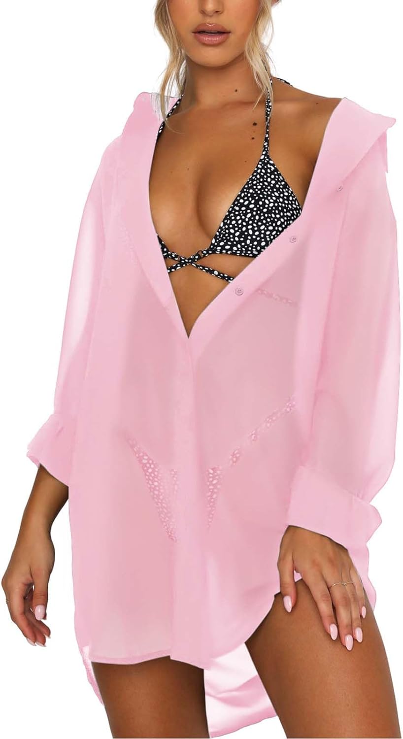 BWQ Women's Swimsuit Beach Cover Up Loose V-Neck Button Down Bikini Bathing Suit