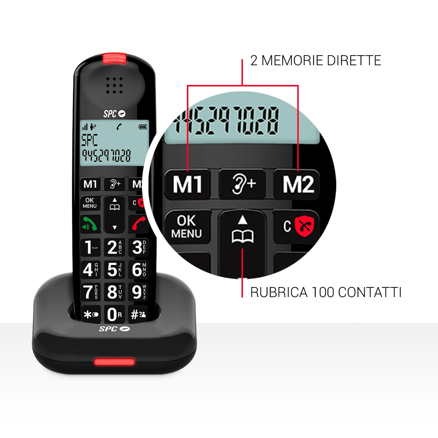 SPC COMFORT KAIRO - Telefono cordless senior, tasti XL, Nero | Audio molto alto, volume chiamata +8dB, blocco SPAM, compatibile con apparecchi acustici e segnale luminoso di chiamata