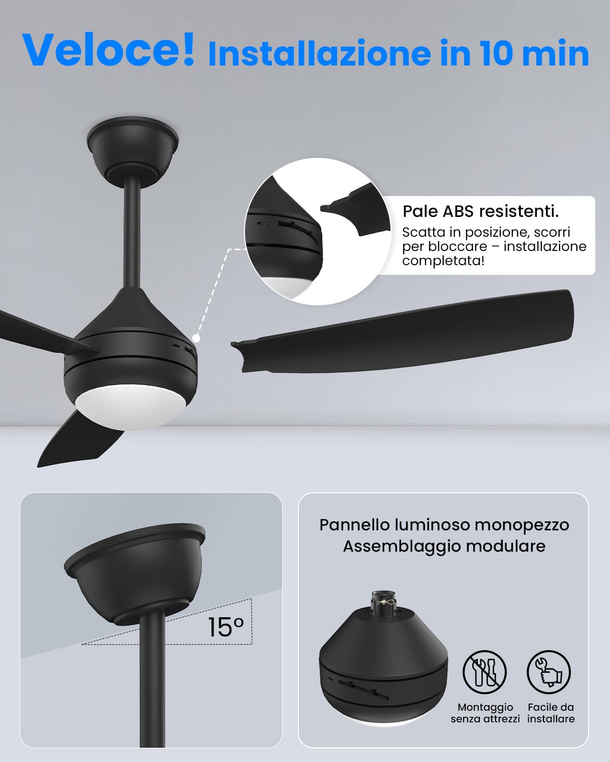Airwit Ventilatore da Soffitto con Luce LED Regolabile 106cm, 3 Pale Snap-On, Silenzioso Ventilatore da Soffitto con Telecomando per Camera Soggiorno Cucina, 6 Velocità, Montaggio Rapido, Nero