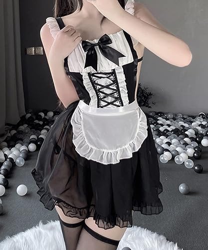 Miniatura 5 de SNOMYRS Traje de sirvienta de lencería para mujer, disfraz de animé francés, travieso con delantal sexy, disfraz de sirvienta negro