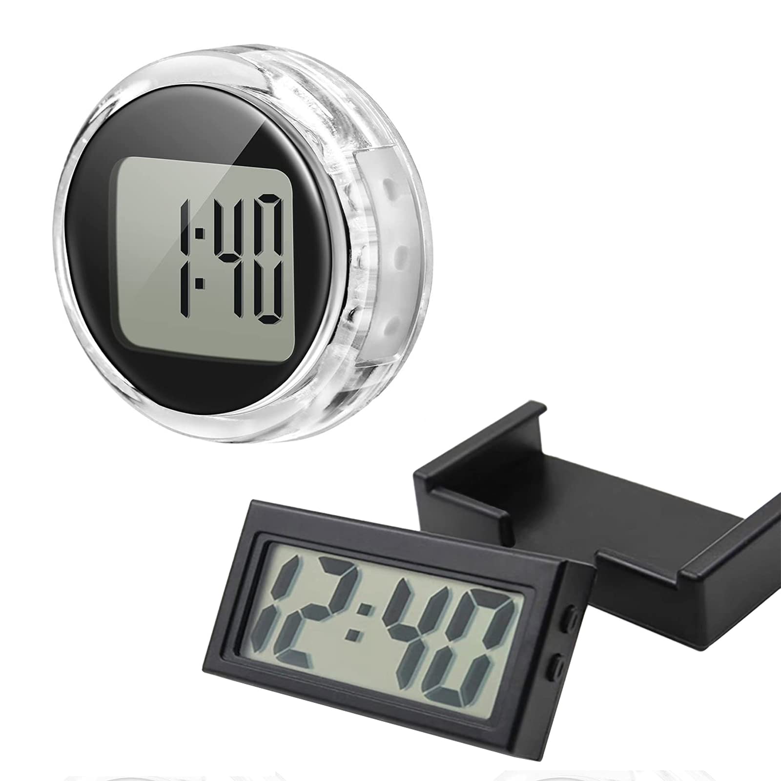 [1+1Pack]Mini Car Clock,Waterproof Stick-On Motorbike Mount Watch Digital Clocks, with LCD Time & Day Display.