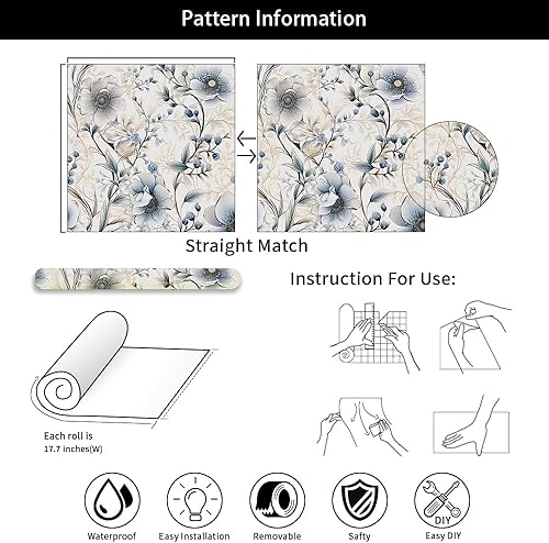 Miniatura 7 de Papel tapiz de flores plateadas de amapola grisazulblanco, fácil de despegar, papel adhesivo adhesivo para baño, impermeable, apto para inquilinos