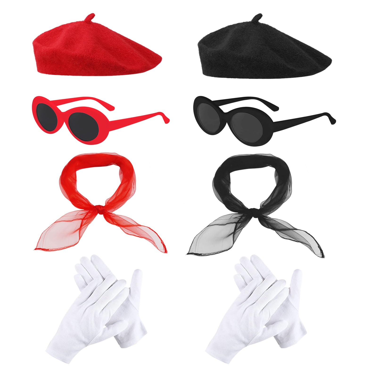 UILYNIU 8 piece French Women set, Fancy Dress Costume Accessories Set French Artist Mime Kit,with Red Black Beret Scarf Sunglasses Gloves,for Girls Cosplay Party Supplies School Dress Up