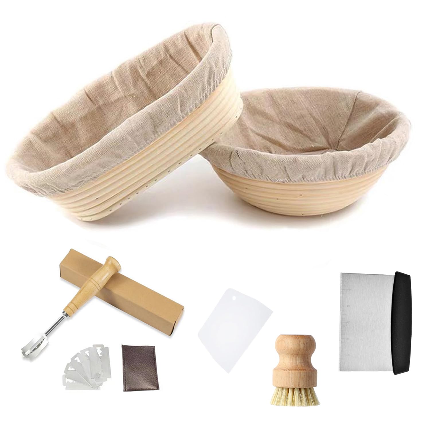 Jetaine Jt0065797 Bread Proofing Basket Starter Kit, 9Inch Round+10Inch Oval Banneton Proving Basket, Sourdough Bread Making Accessories With Liner+Bread Lame+Dough Scraper+Bamboo Brush, Baking Gifts For Baker
