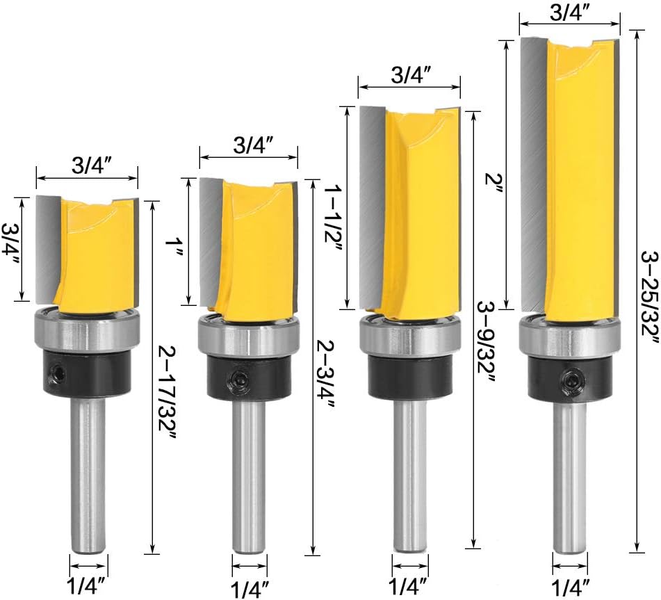 4Pcs Pattern Flush Trim Router Bit Set 1/4 inch Shank Template Router Bits 3/4 inch Cutting Dia Woodworking Router Tool by CHoiKWong (3/4 inch Cutting Diameter, yellow)