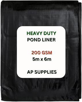 5m x 6m Black Pond Liner 200g/sqm - Heavy Duty HDPE Material - UV & Tear Resistant, Flexible for Koi & Fish Pools, Water Garden - Ideal for Small to Large Ponds, Wildlife, Underlay