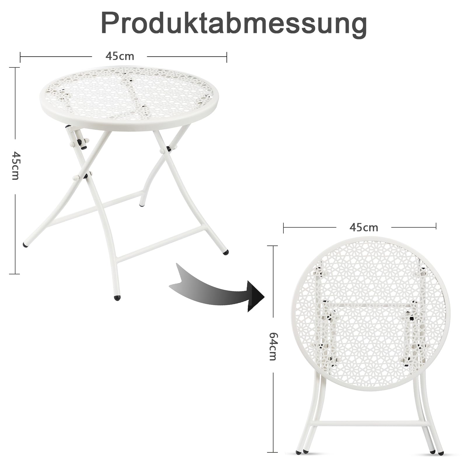 TeoKJ Petite table d'appoint pliante d'extérieur anti-rouille ronde en métal avec découpes de fleurs pour porche, cour, balcon, terrasse, pelouse, blanc