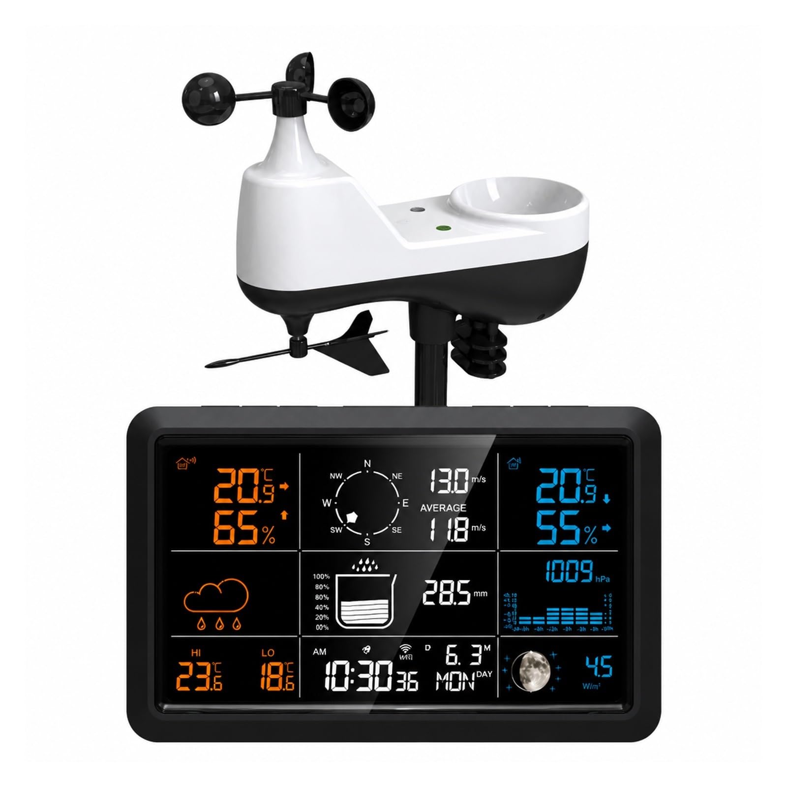 Pluviometro Esterno, Monitor per Interni Ed Esterni Stazione Meteorologica Wireless Ad Energia Solare | Black