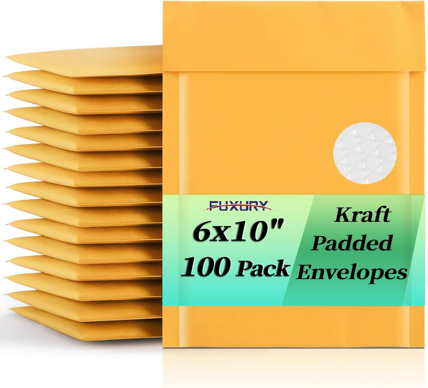 Fuxury Bubble Mailer 6x10" 100 Pack Kraft Padded Envelopes Usable Size 6x9"