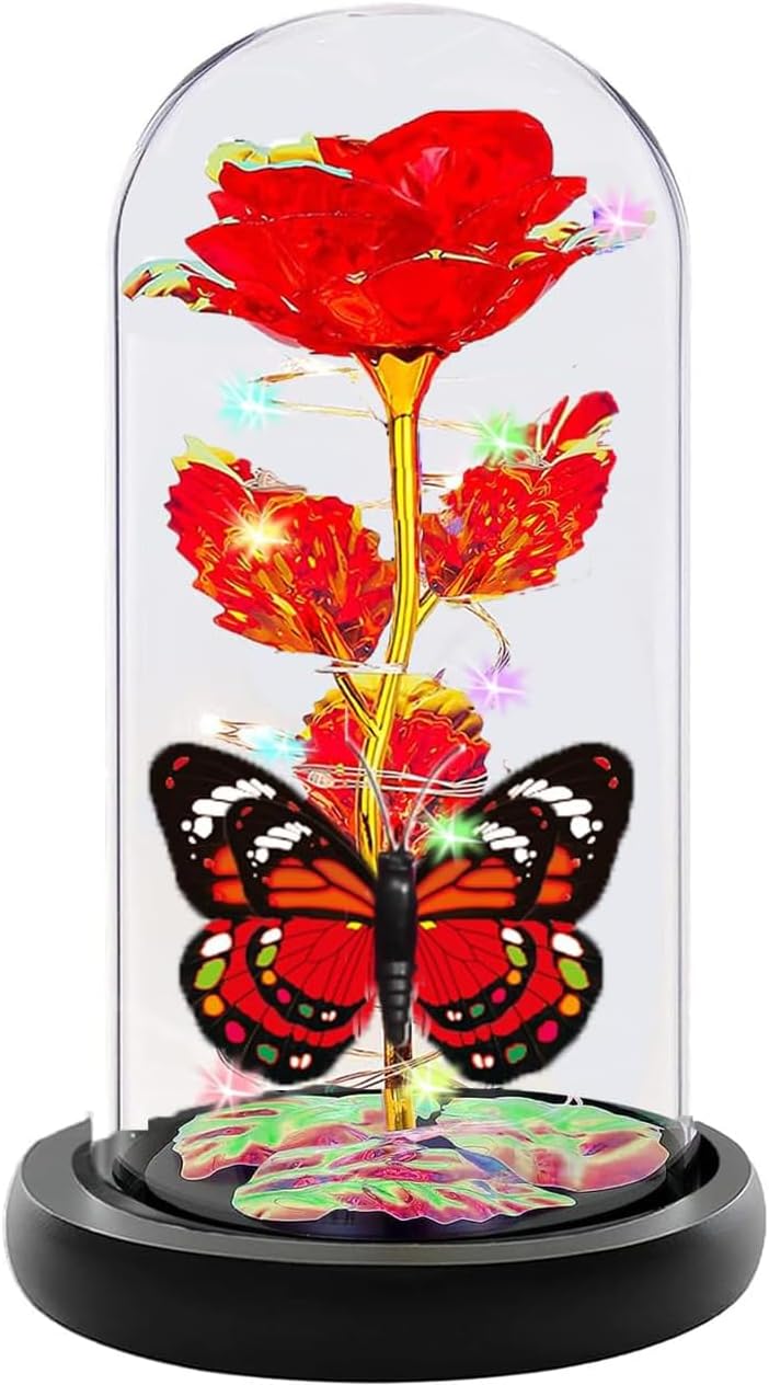 Birthday Gifts for Women, Gifts for Mom, Rose Glass Flowers Galaxy Crystal Light Up Rose in A Glass Dome with Butterfly, Presents for Mom Wife Girlfriend Her, Mothers Day Anniversary Red