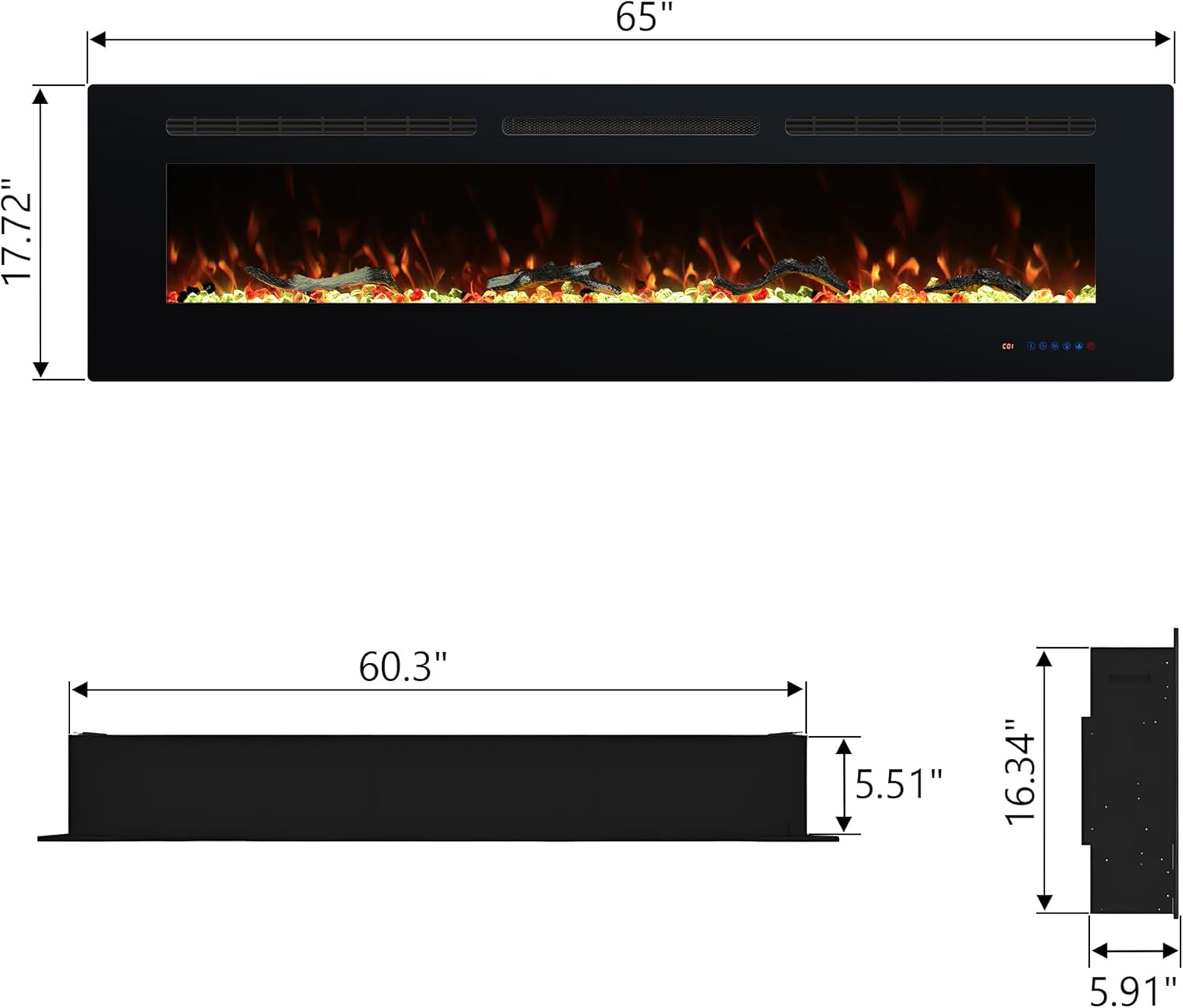 Diagram showing the dimensions of the 65-inch electric fireplace for installation