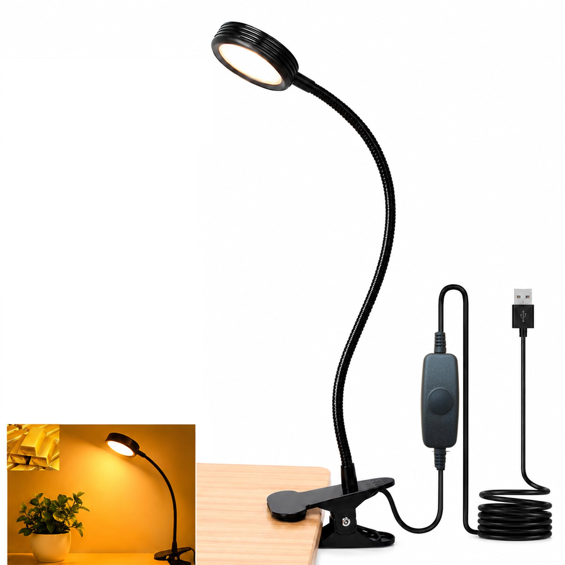 USB Clip-On Desk Lamp with Amber Light, Adjustable Brightness, Gooseneck, Book Light for Reading Book in Bed at Night Clip on Table, headboard, Dorm, (Amber Light, 8W)-image-25