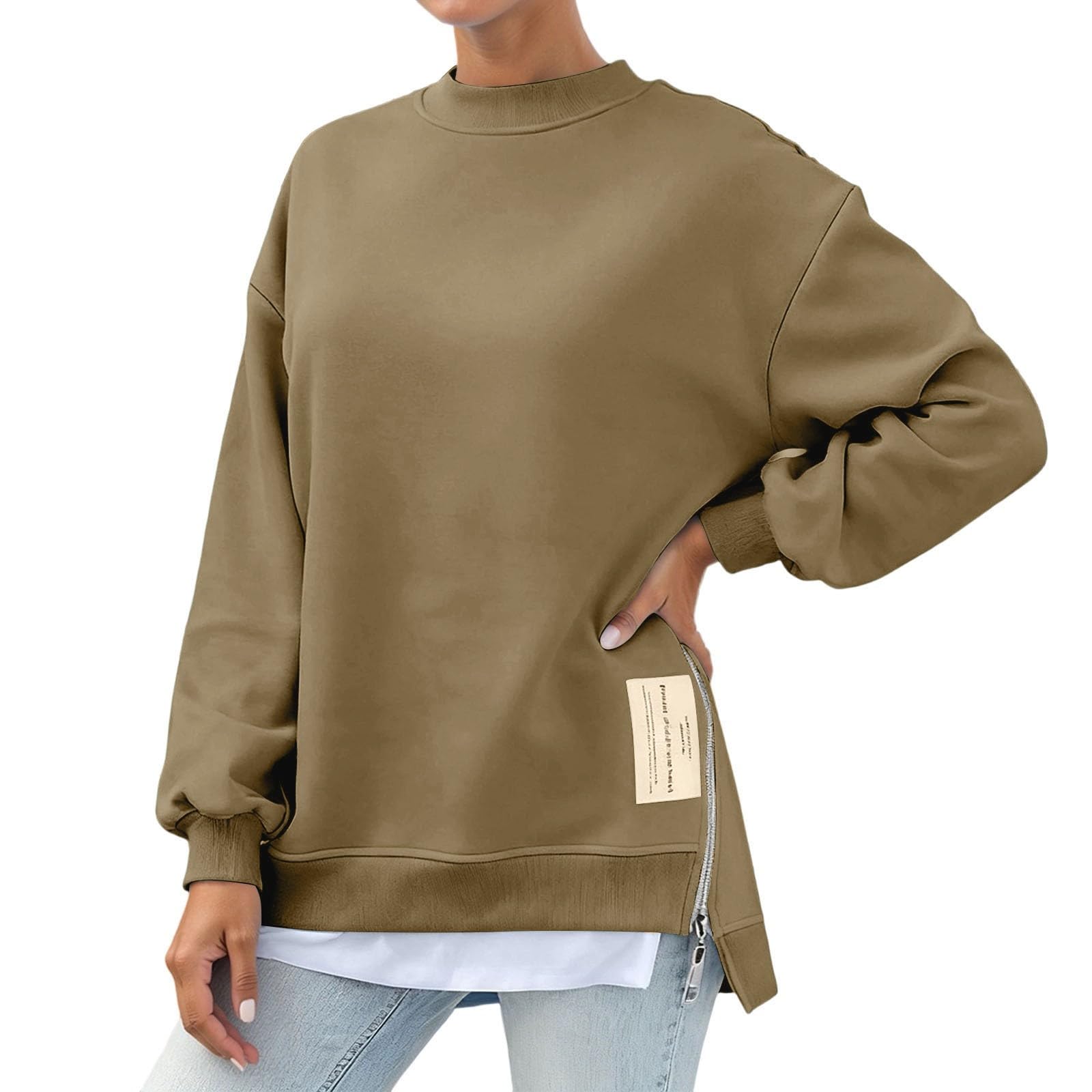 Sudadera Mujer Sin Capucha，Sudadera Informal de Manga Larga sin Capucha con Cremallera Frontal y Cuello para Uso Diario en Color sólido