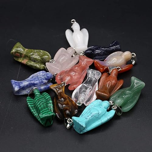 Miniatura 8 de LHJ 3 dijes de piedra natural con forma de ángel pequeño, surtido de energía de cuarzo de ágata para hacer joyas, collares, amuletos, Piedra Cuero