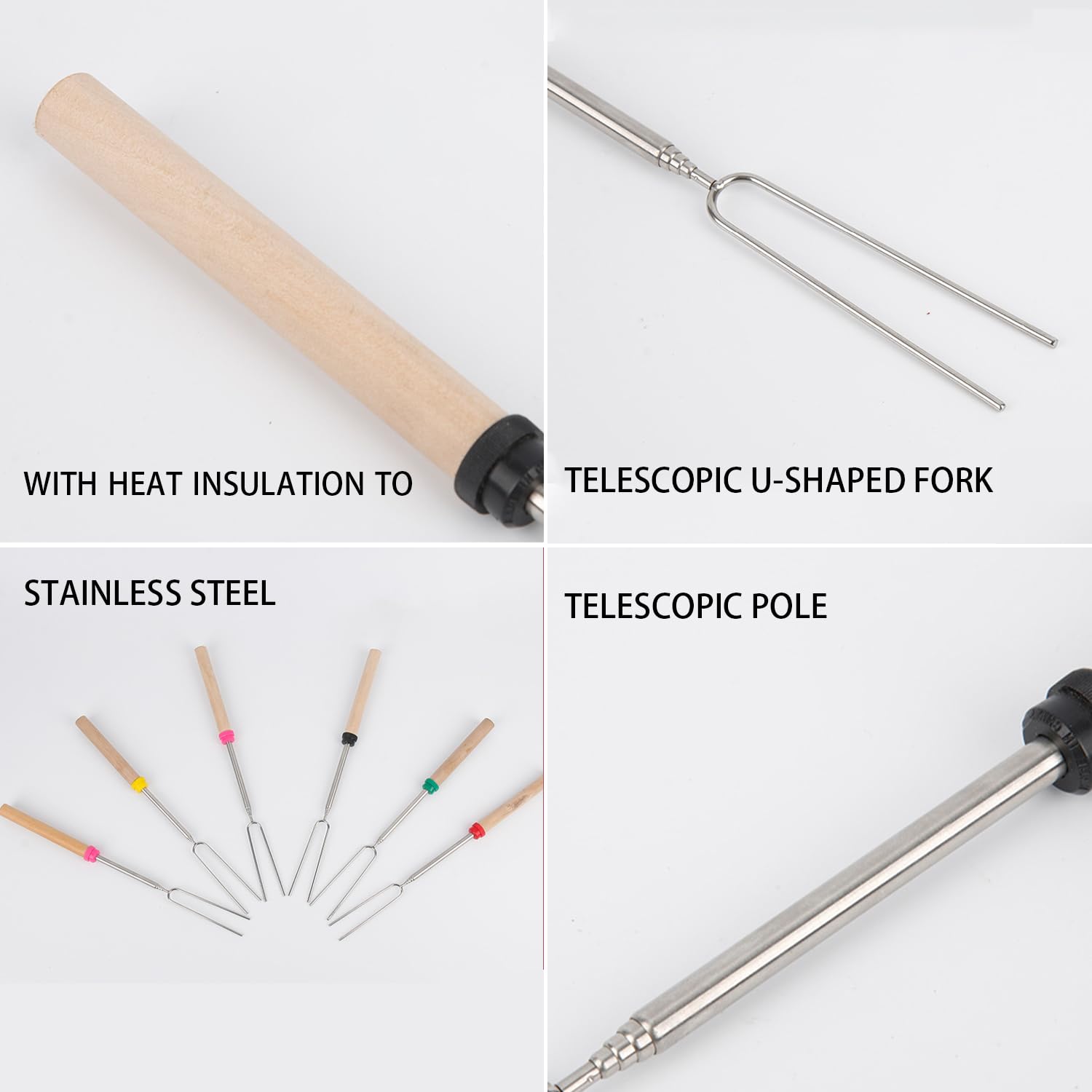 6 fourchettes à barbecue, 1 brosse à huile rose, brochettes télescopiques, barres en acier inoxydable, barres de barbecue, baguettes de barbecue rétractables, baguettes de barbecue à guimauve,