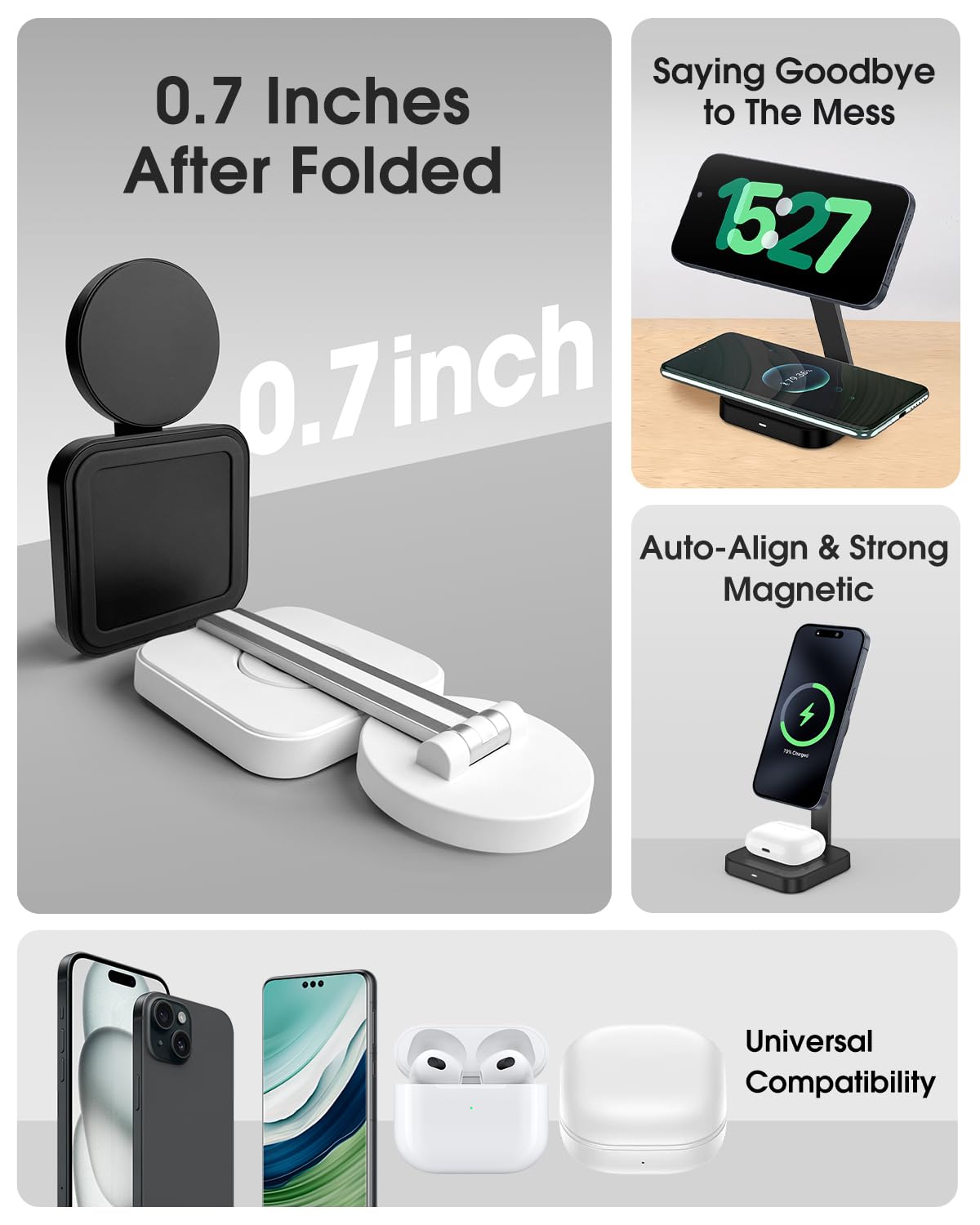 Magnetic Charging Station for iPhone 16 15 14 13 12 Series, Foldable Wireless Charger for Multiple Devices, Faster Mag-Safe Charger Stand, Portable Charging Stand for AirPods 4/3/2/Pro, Phone Holder