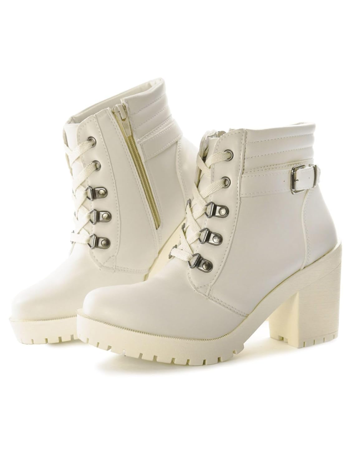 Bota Coturno Feminina Tratorada, Salto Bloco 8cm, Cadarço e Zíper Lateral, Branco Off White