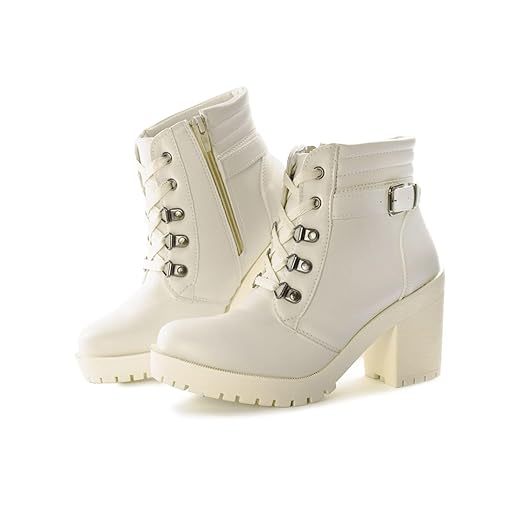 Bota Coturno Feminina Tratorada, Salto Bloco 8cm, Cadarço e Zíper Lateral, Branco Off White
