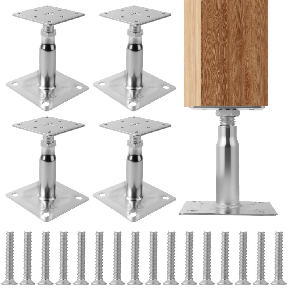 Supports de Poteau Galvanisés de 100 à 150 mm, Lot de 4 Supports de Poteau Réglables en Hauteur avec 16 Vis, Embase Pied de AOOTE Poteaus Carrée Réglable pour Clôtures, Abris, Pergolas (Argent)
