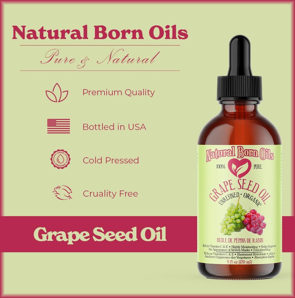 Grape Seed Oil, 16oz, Organic, Cold-Pressed, Nutrient-Dense, Deep Skin Nourishment, Hair Revitalization, Natural Born Oils.