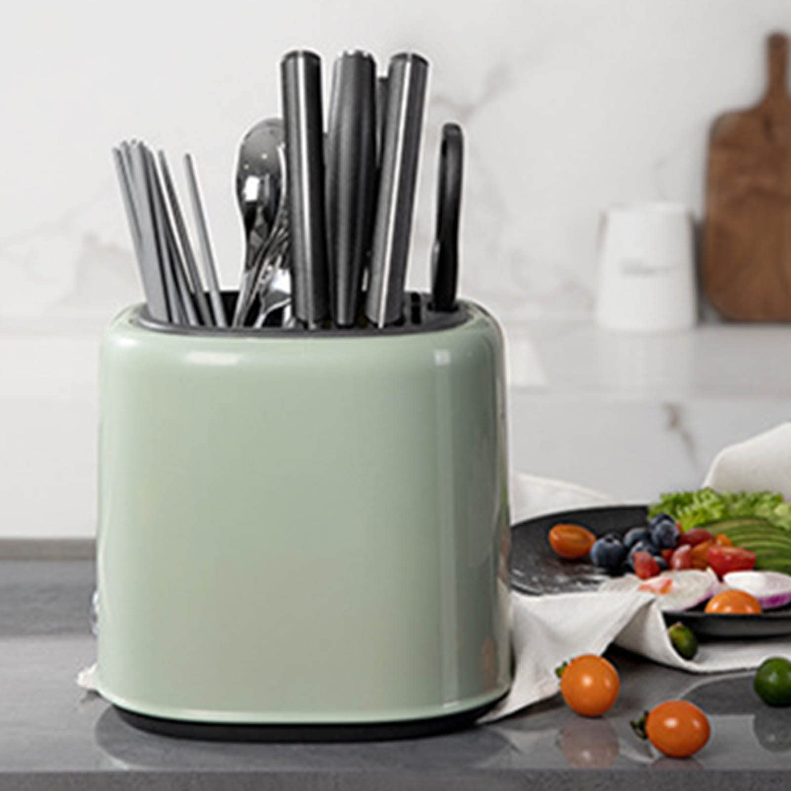 Knife Holder for Kitchen Counter, 2 in 1 Large Capacity Utensil Holder Retro ABS Countertop Organizer with Drainage for Knives & Chopsticks (Green)