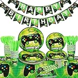 Homyplaza Video Game Party Supplies for 25 Guests, 203Pcs Birthday Plates and Napkin Set for Boys Ga