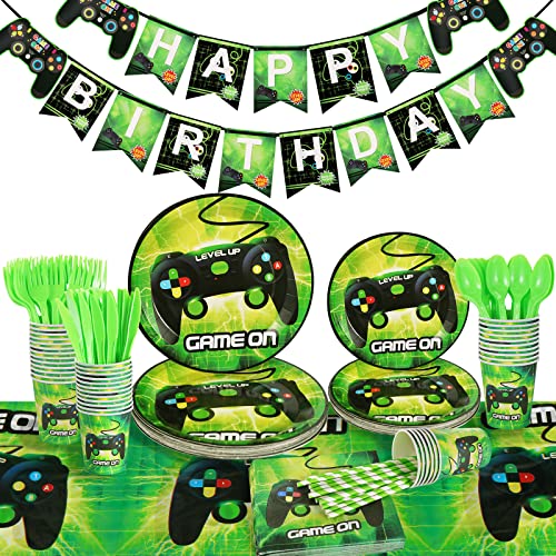 Homyplaza Video Game Party Supplies For 25 Guests, 203Pcs Birthday Plates And Napkin Set For Boys Gamer, Includes Party Plates, Gamer Table Cloth, Birthday Banner, Flatware, Cups, Straws, Napkins #TOP7