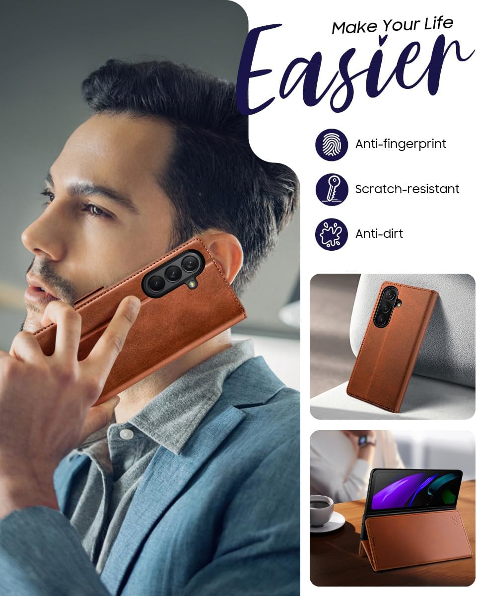 OCASE for Galaxy Z Fold7 Wallet Case, PU Leather Flip Folio with Card Slots, RFID Blocking, Kickstand & Wrist Strap, Phone Cover for Galaxy Z Fold 7 2025, Brown