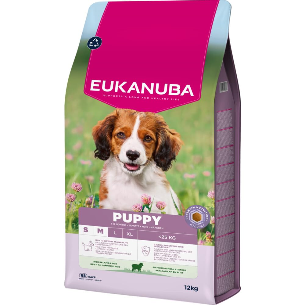 Eukanuba Karma dla szczeniąt z jagnięciną i ryżem dla małych ras średnich ras premium sucha karma dla młodych psów, 12 kg