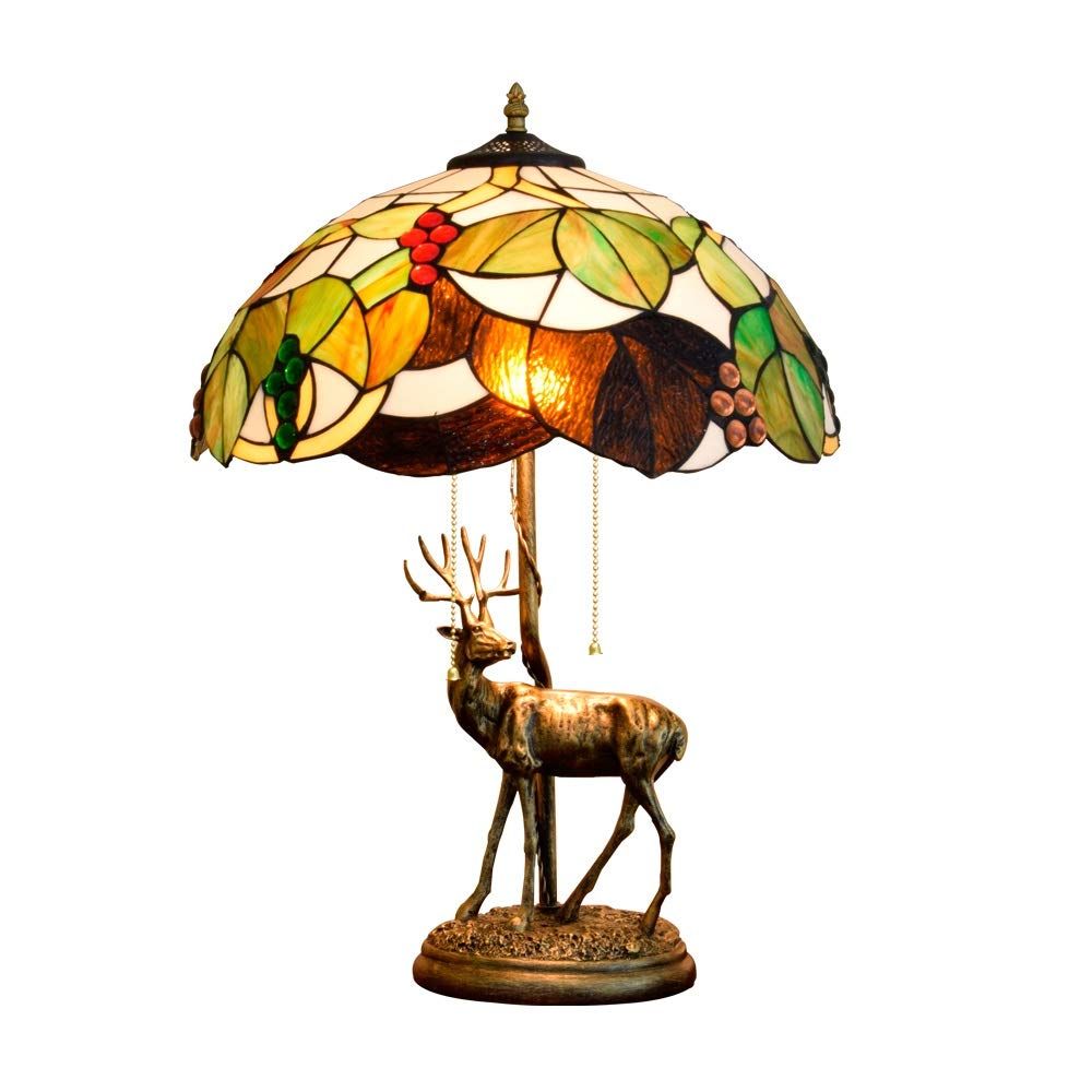 Aioneer 16 Inch Tiffany Stained Glass Table Lamp Living Room Dining Room Bedroom Bedside Grape Lampshade Elk Base Light