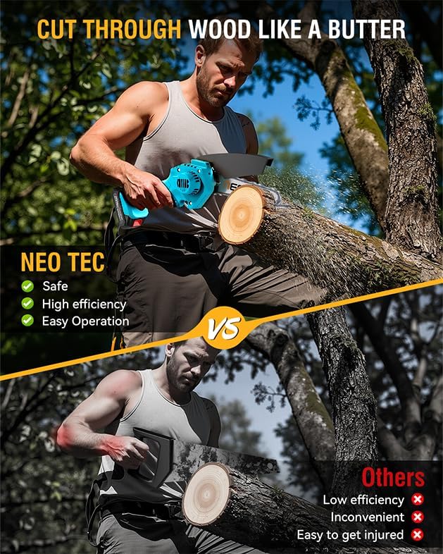 Miniatura 5 de NEOTEC - Mini motosierra inalámbrica de 6 pulgadas, motosierra eléctrica de mano de 4000 mAh, funciona con batería con doble bloqueo de seguridad,