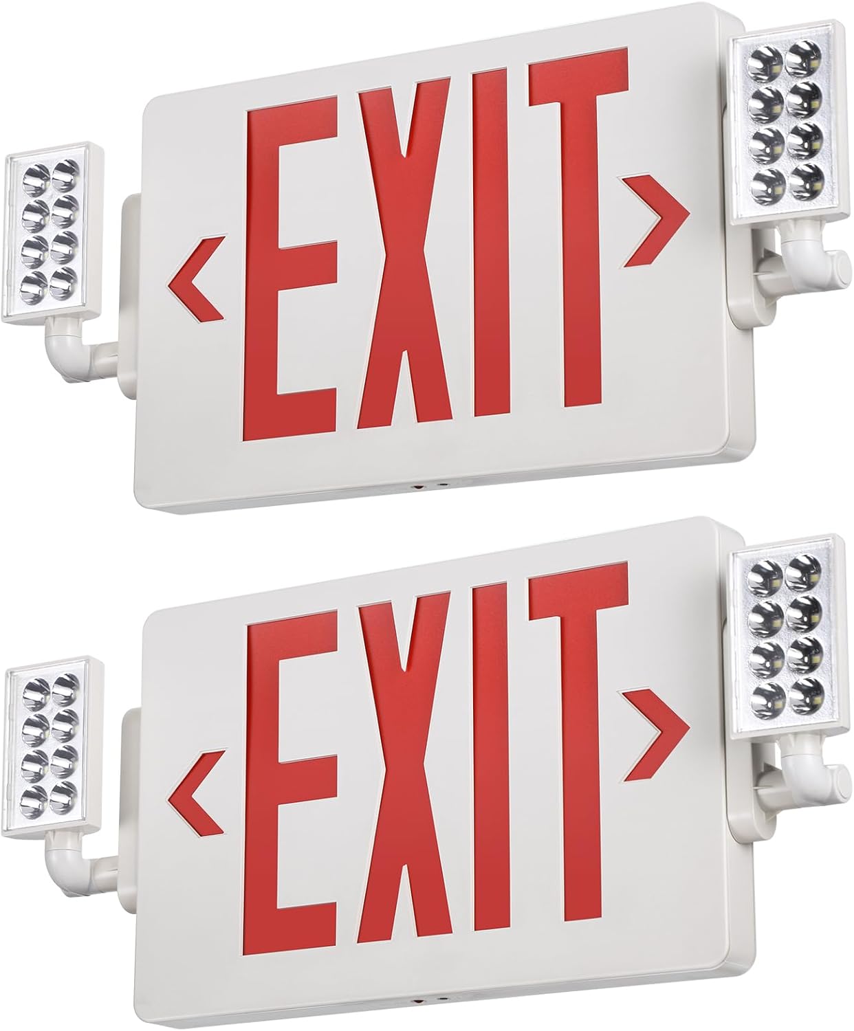 TORCHSTAR LED Exit Sign with Emergency Lights, Two Adjustable Heads, Red Letter Exit Light with Battery Backup, UL&FCC Listed, Double-Sided, AC 120-277V, Wall & Ceiling Mount, White, Pack of 2