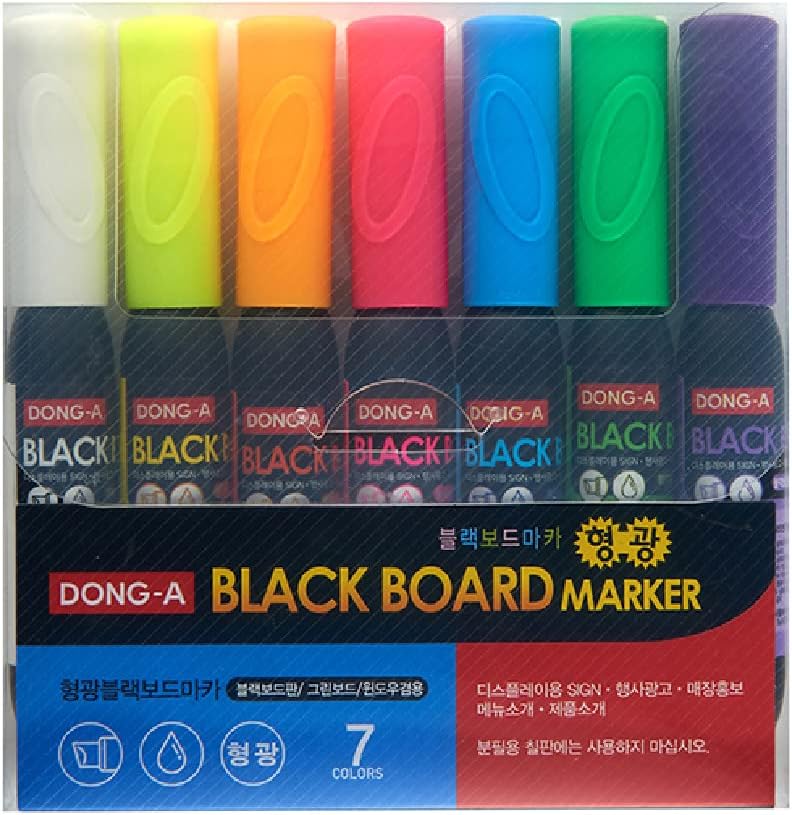 Dong-A 7Colors Fluorescent Neon Black Menu Pens Set, Acrylic, Window (Green, Orange, White, Yellow, Blue, Pink, Purple)