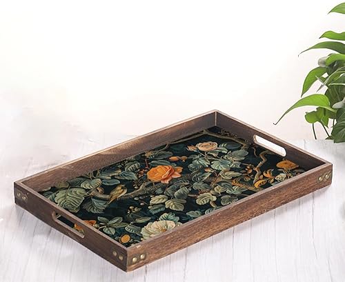 Bandeja decorativa de madera vintage de flores de peonía verde oscuro, de 16 x 12 pulgadas, bandeja decorativa de piel sintética con acabado de