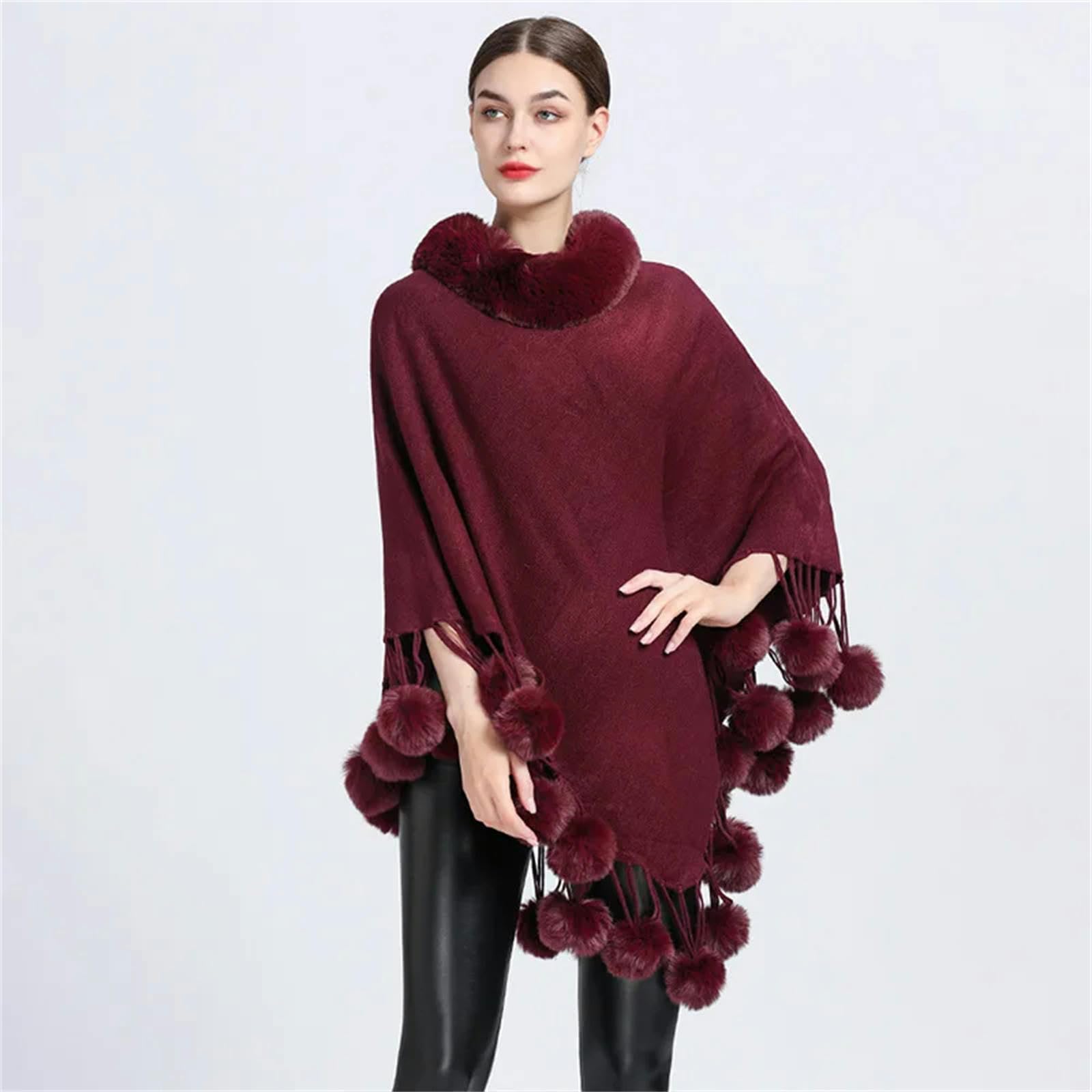 Poncho Donna Poncho Scarf Fur Ball Decoration Decoration Scialle Fux Furx Collar Women's Cape Fringed