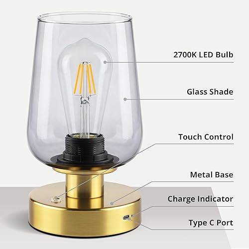 Miniatura 4 de FOLKSMATE Lámpara de mesita de noche dorada inalámbrica, lámpara de mesita de noche recargable al tacto, lámpara funciona con pilas para el hogar,