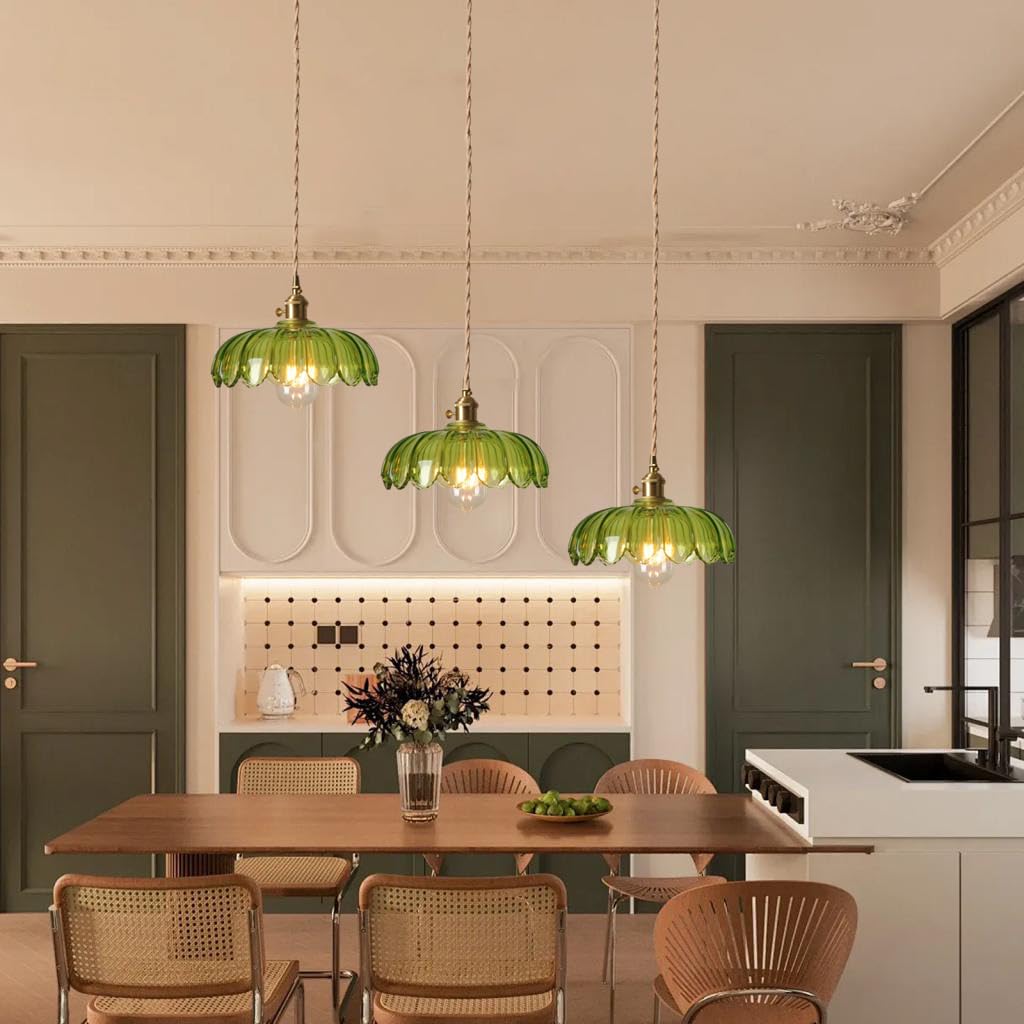 Lámpara Colgante de Cristal de Loto,Luz Colgante de Techo de Latón Vidrio Vintage,E27 Lámpara de Araña Industrial Lámpara de Techo Salón para Cocina Pasillo Comedor(Verde)