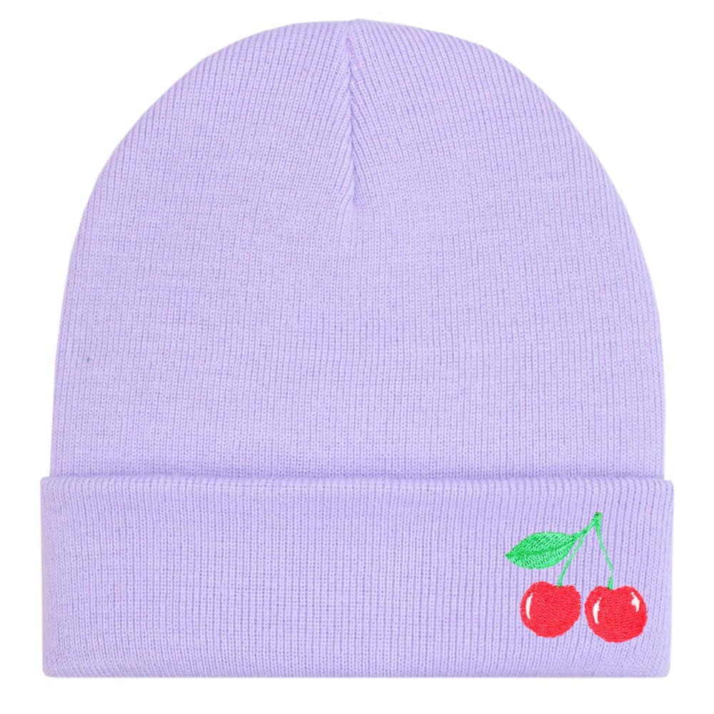 TeddyT's Ladies's Cherries Embroidered Luxury Soft Rib Beanie Hat (Lilac)