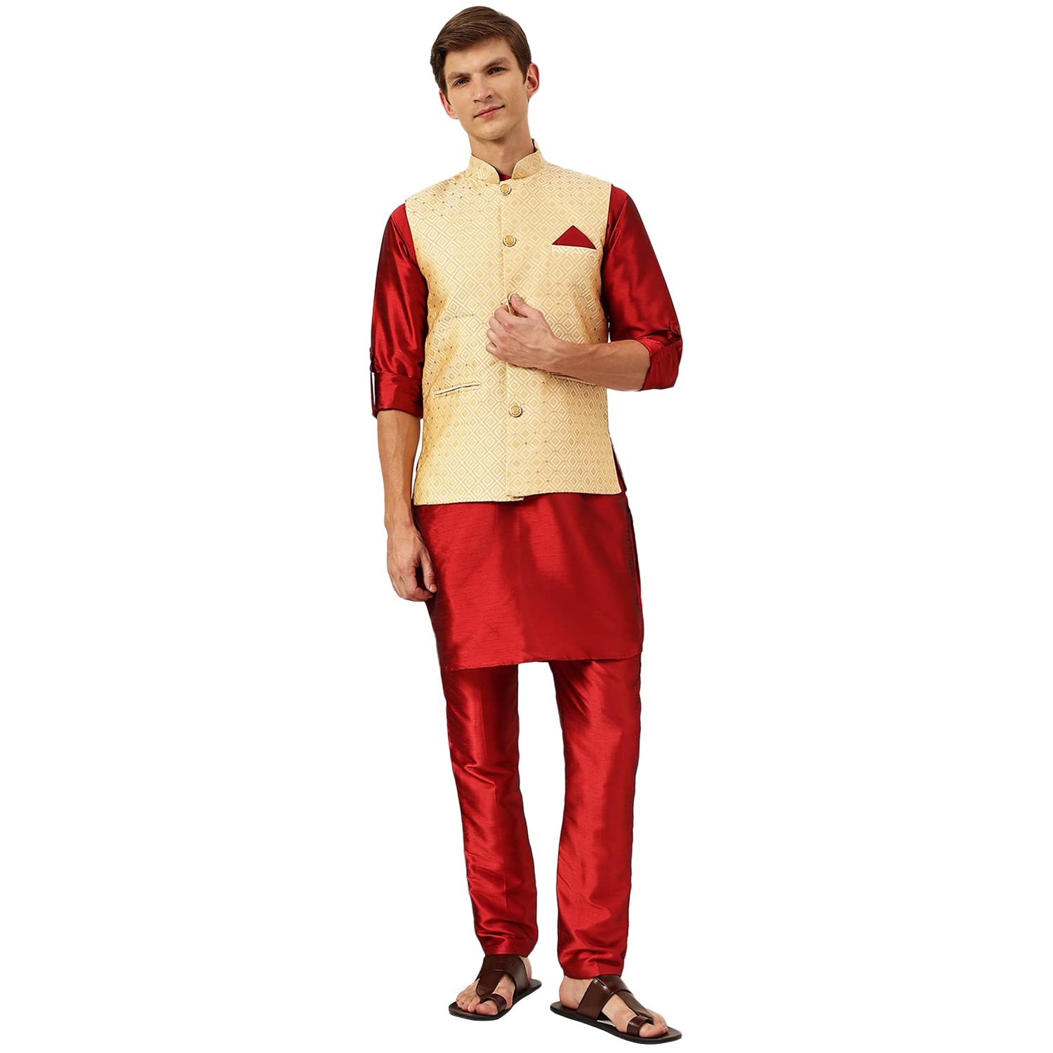 Men's Silk Blend Curved Kurta Pyjama Set with Emboidered Waistcoat/Nehru Jacket-image-10