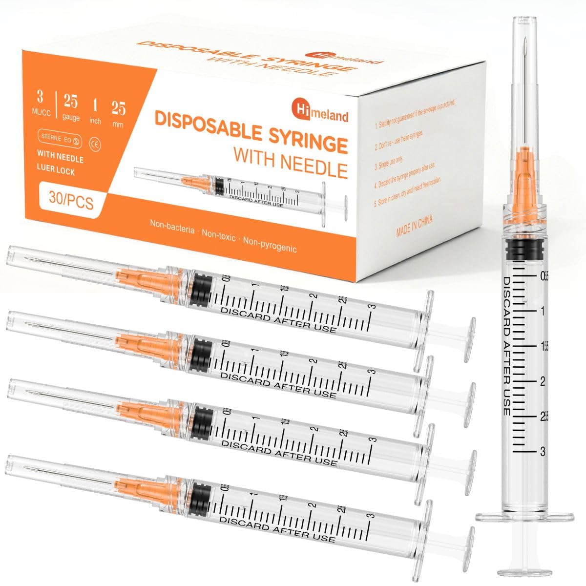 30 Pack 3ml Disposable Syringe with 25Ga 1.0 Inch Needle, Luer Lock Syringes, Individually Wrapped Lab Supplies