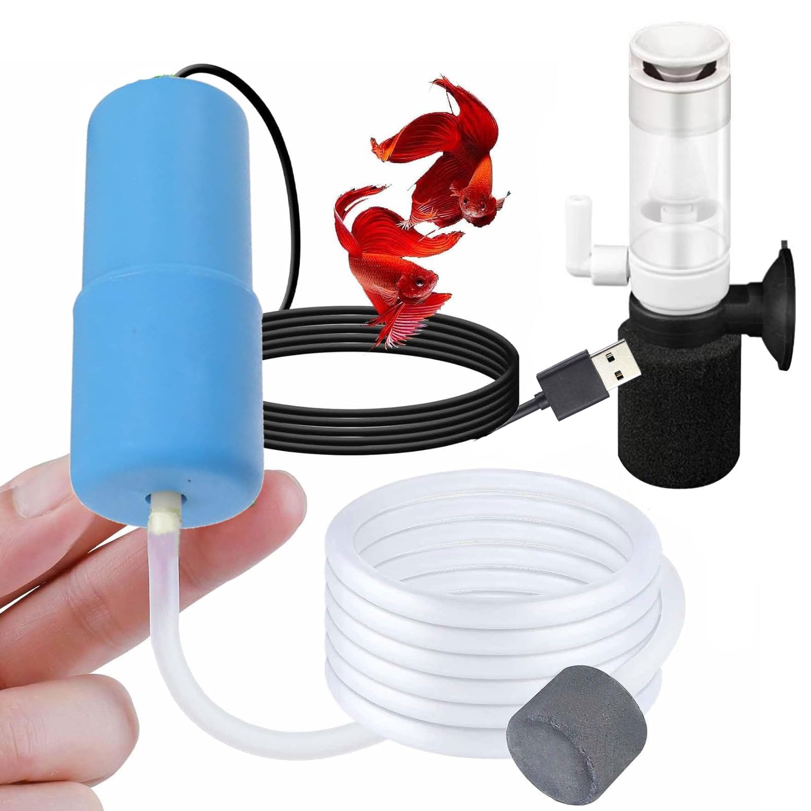 Petta Portable Mini USB Air Pump for Fish Tank,Quiet Oxygen Air Pump for Shirmp Nano Fish Tank & Transporting Aquatic with Sponge Filter, Air Stone,